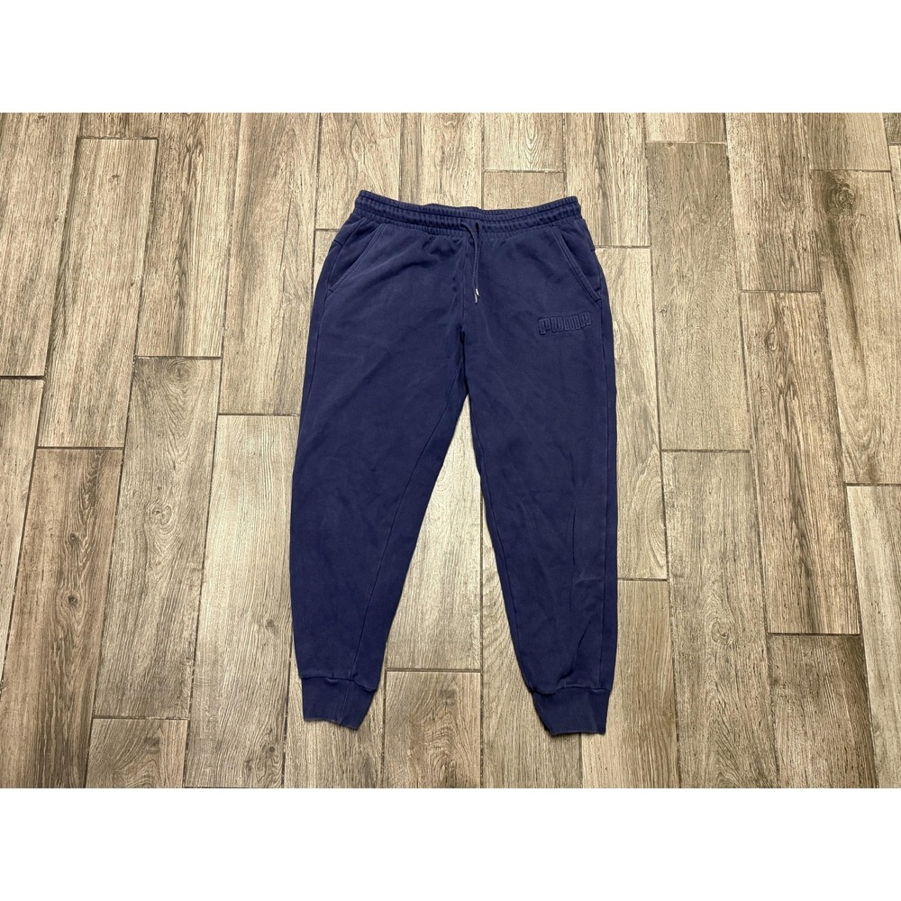 PUMA Sweatpants Mens Large Navy Blue Joggers Fleece Embroidered Logo Drawstring